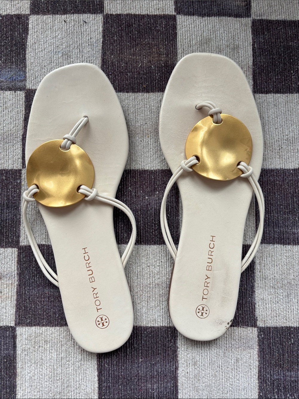Tory Burch Cream Leather Slide Sandals with Gold Disc